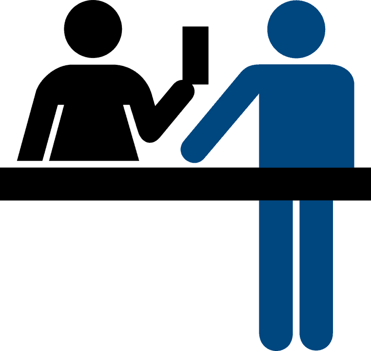 Blue and black silhouette standing at counter