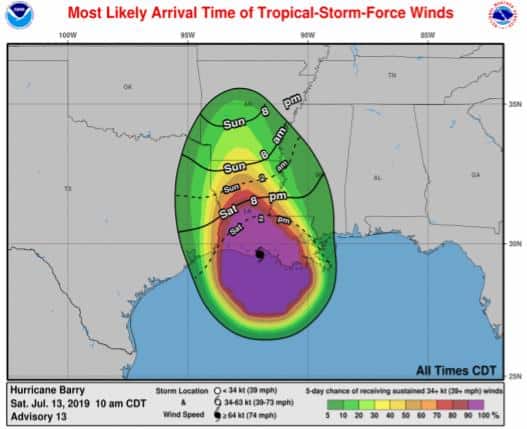 Probable Path, Most Likely Arrival Time, and Rainfall Forecast for Tropical Storm Barry