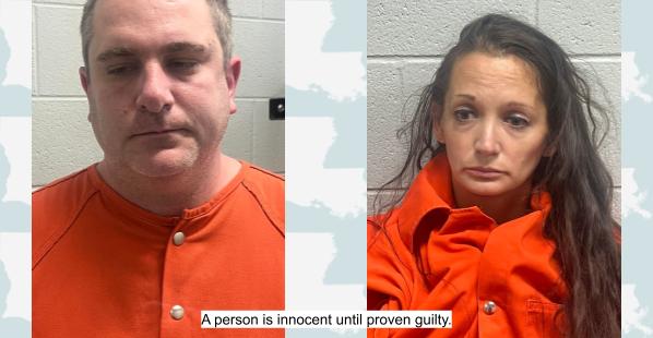 Christopher Riggs, age 38, and Lindsay Riggs, age 35, both of Anacoco, Louisiana A white male and female, both in their mid-thirties. The male has short, light brown hair. The female has long, dark brown hair. Both are wearing orange correctional center shirts.