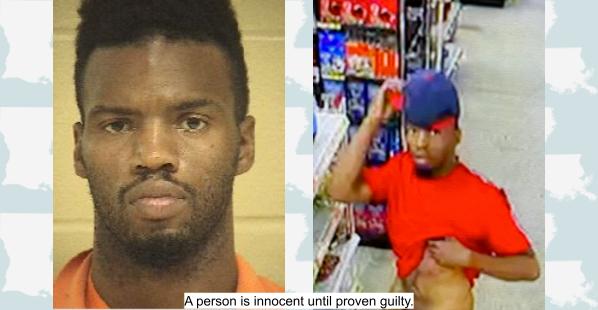 Side-by-side images that are believed to be of the same crime suspect. In the image on the right, there is a black male wearing a red shirt and blue baseball cap. On the left appears to be the same male wearing an orange correctional center shirt.