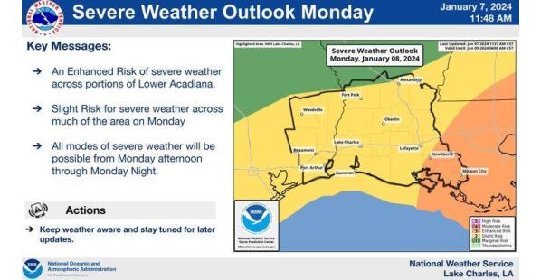 NWS Lake Charles Issues Severe Weather Outlook: Heavy Rainfall, Strong Winds Forecasted across Southern Louisiana