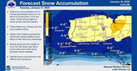 Southwest Louisiana and Southeast Texas Forecast Snow Accumulation January 21