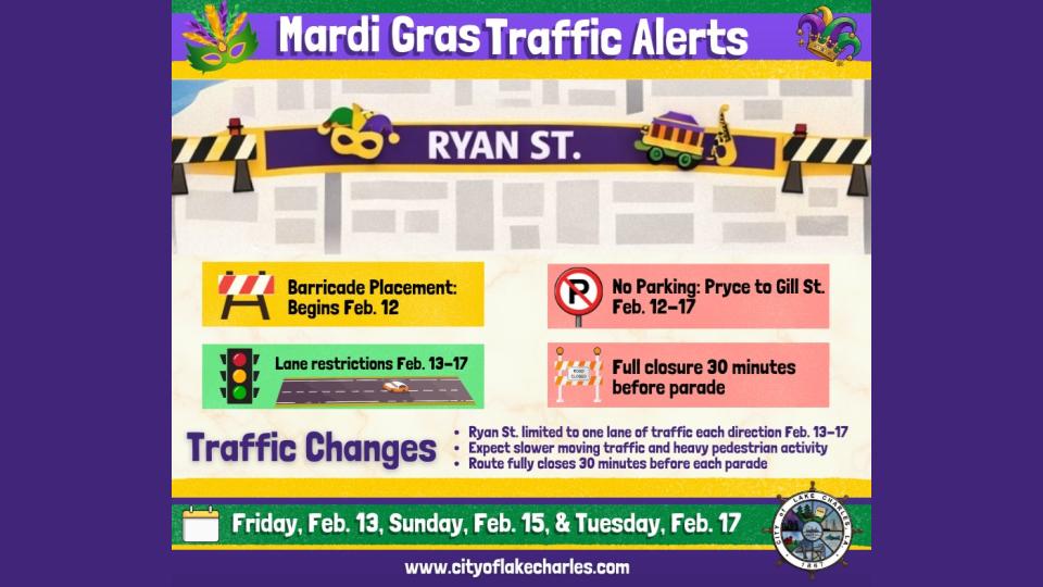 Lake Charles Outlines 2026 Mardi Gras Traffic Plan, Ryan Street Closures, And Parade Schedule